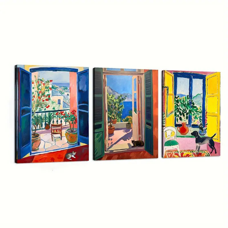 3pcs Watercolor Window Pet Colorful Painting Metal Print Ready to Hang Art
