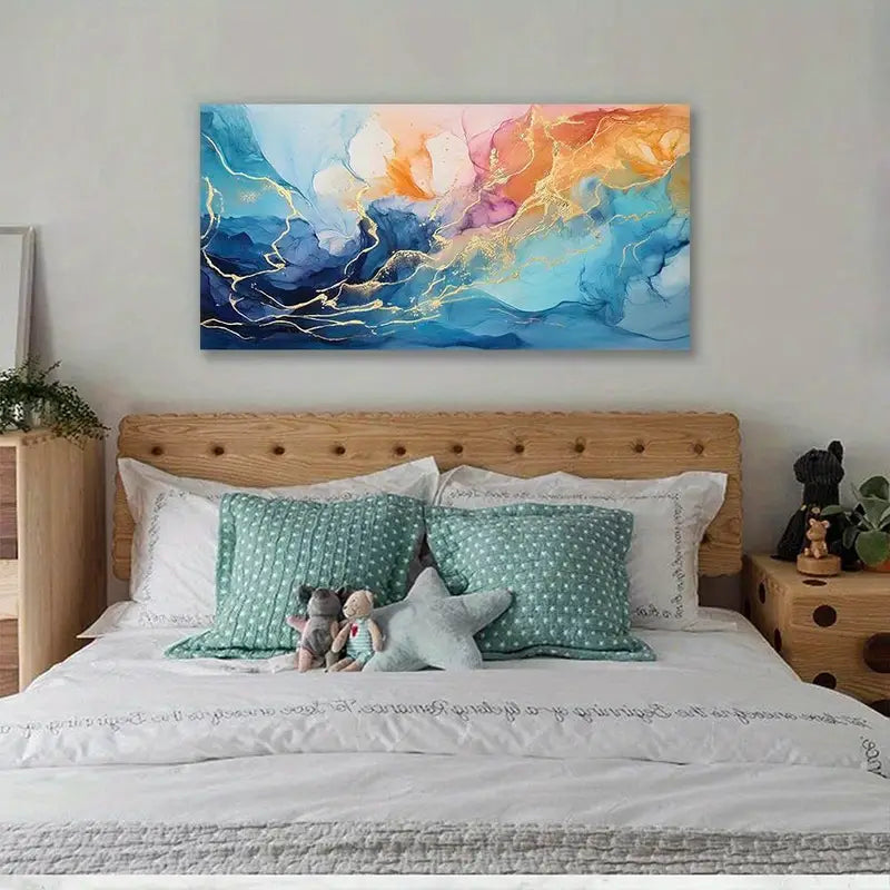 Abstract Golden Foil Vibrant Fantasy Colorful Dynamic Golden Lines Wall Art canvas office home room framed 120x60cm
