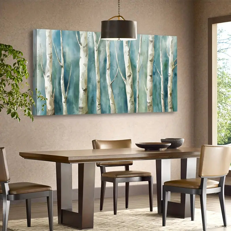 Abstract Birch Trees Turquoise Wall Art canvas office home room framed 120x60cm