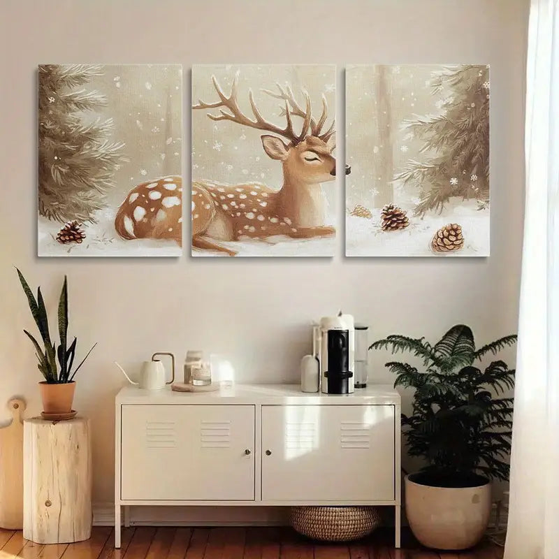 3pcs Elegant White Spotted Deer with Large Antlers, Snowy Forest Metal Print Ready to Hang Art