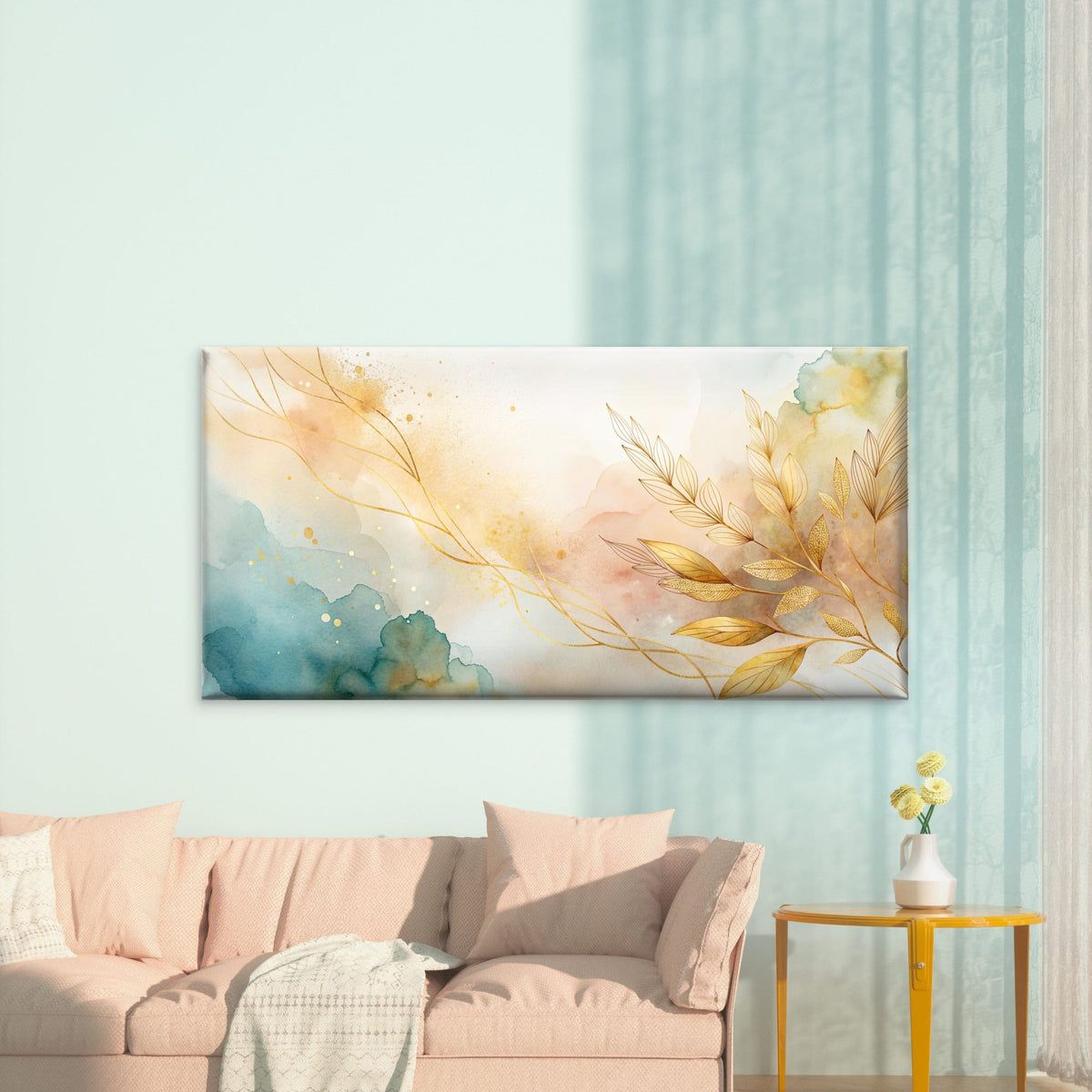 Golden Ether Botanical Leaves Wall Art Canvas Office Home Room Framed 120x60cm