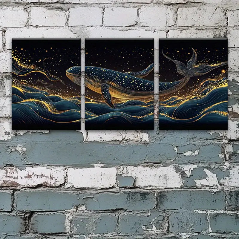 3pcs Whale Amidst Waves Under a Magical Night Sky Metal Print Ready to Hang Art