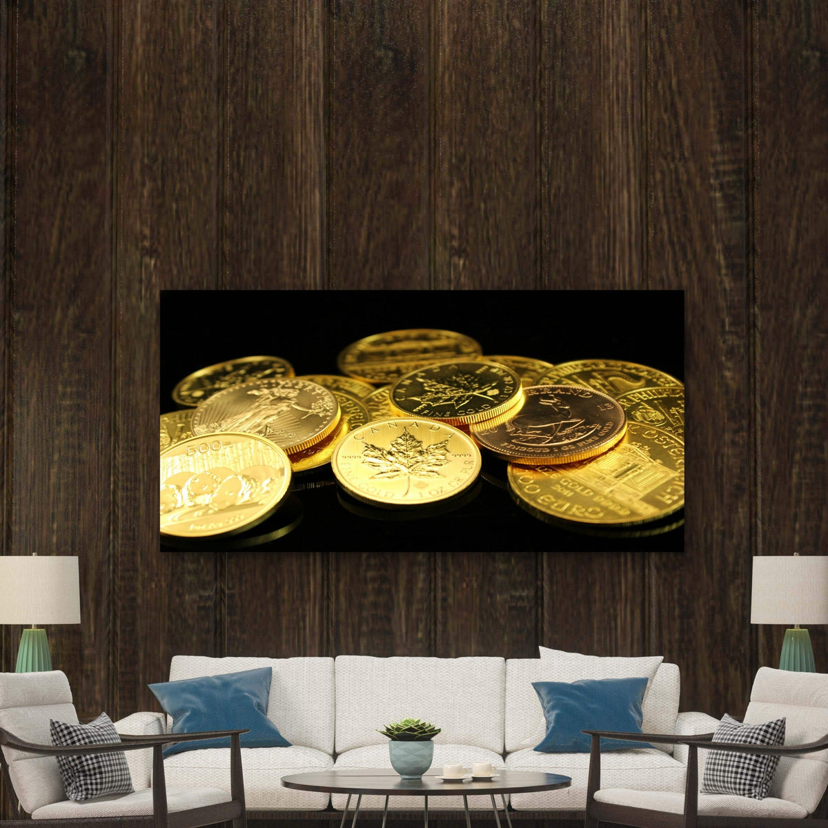 Pile Of Golden Bullion Coins Wall Art Canvas Office Home Room Framed 80x45cm