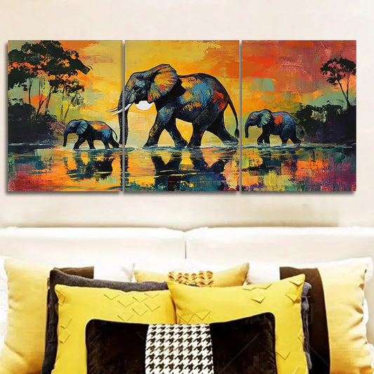 3pcs The Elephant is Walking Metal Print Ready to Hang Art