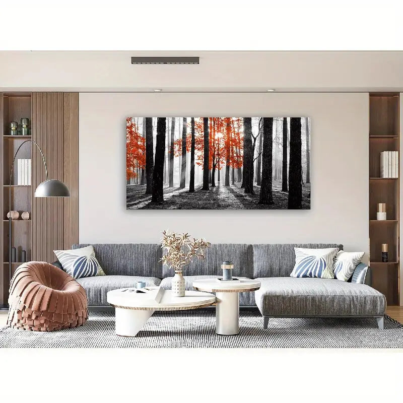 Red Tree Black & White Sunshine Foggy Forest Wall Art canvas office home room framed 80x45cm