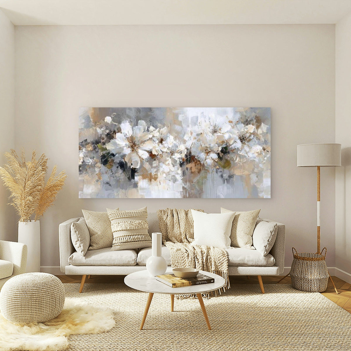 Soft Neutral Floral Wall Art Canvas Office Home Room Framed 80x45cm