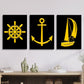 3pcs Yellow anchor, sailboat, Golden nautical silhouette Metal Print Ready to Hang Art