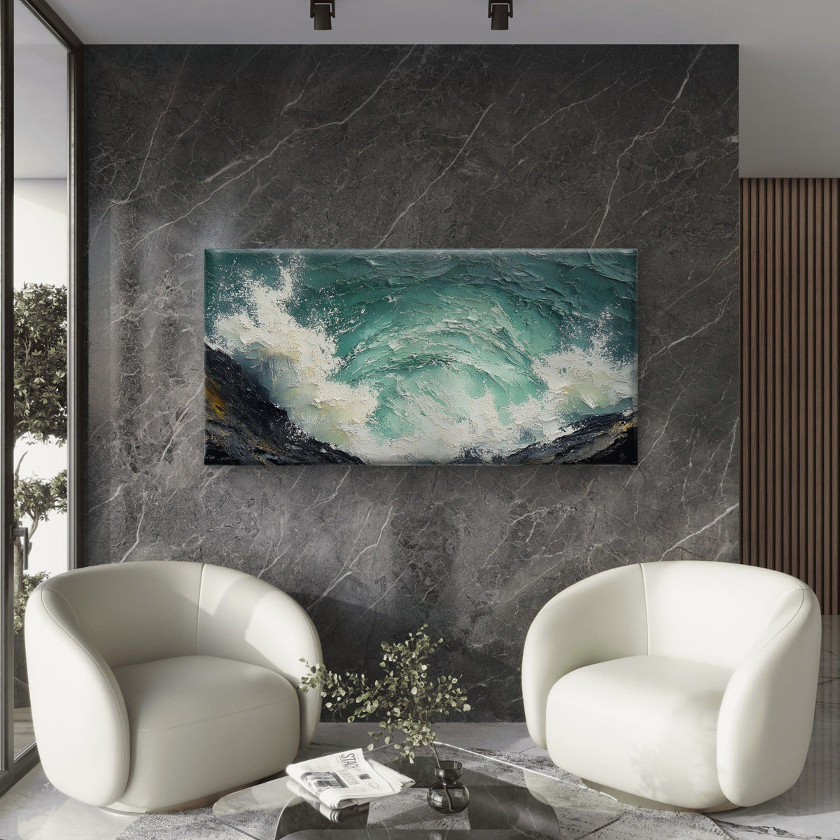 Green Sea Wave Crashing On Rock Wall Art Canvas Office Home Room Framed 120x60cm