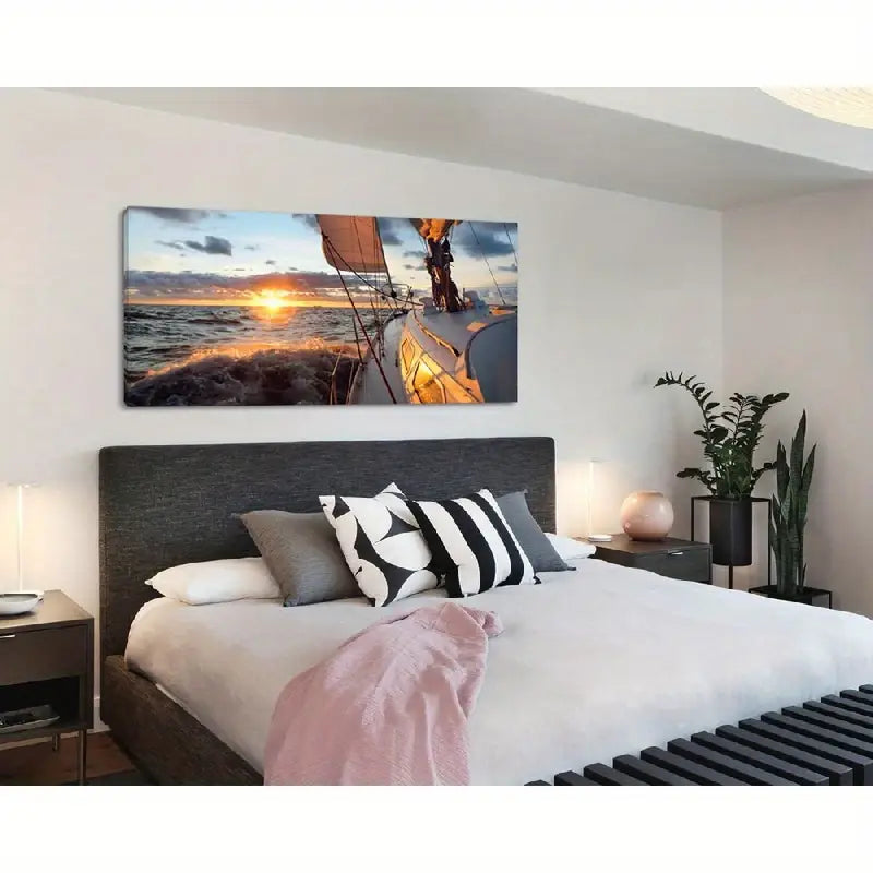 Epic Seascape Sailboat Deck Mast & Sails Sunset Wall Art canvas office home room framed 120x60cm