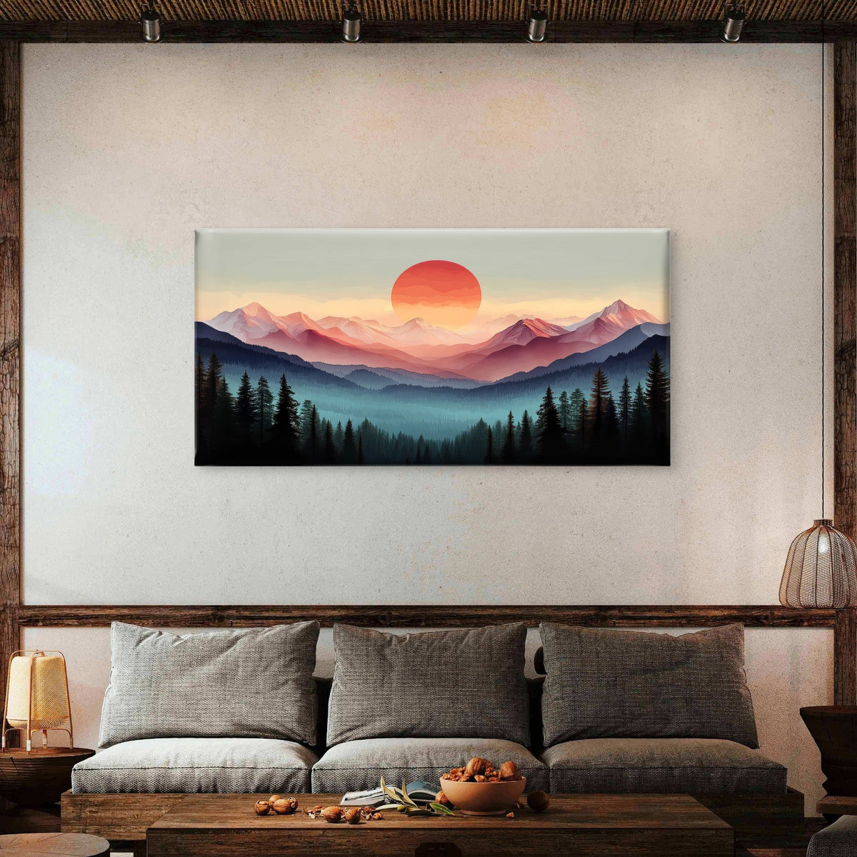 Abstract Mountain Sunset Paint Wall Art Canvas Office Home Room Framed 80x45cm