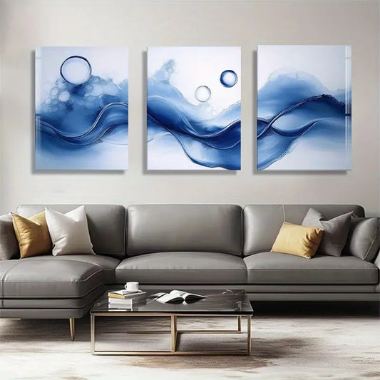 3pcs Vibrant Blue & White Fluid Design with Bubbles Metal Print Ready to Hang Art