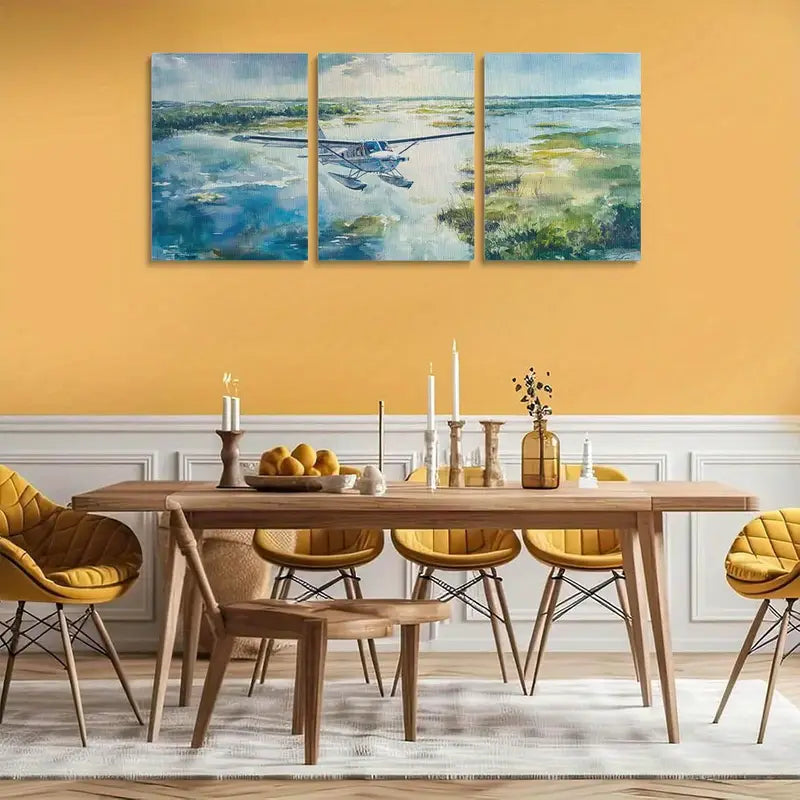 3pcs Seaplane & Serene Lakeside Scenes Metal Print Ready to Hang Art