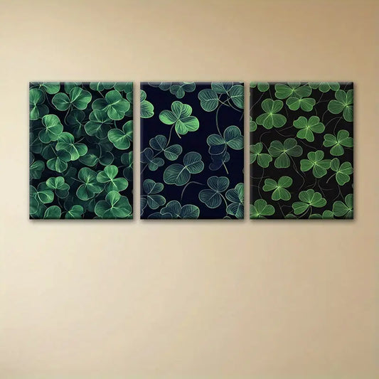 3pcs Green Leaves Lucky Black Classic Design Metal Print Ready to Hang Art