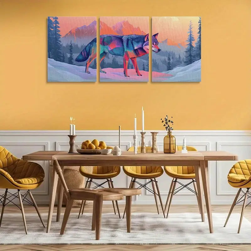 3pcs Colorful Wolf in Winter Vibrant Painting Metal Print Ready to Hang Art