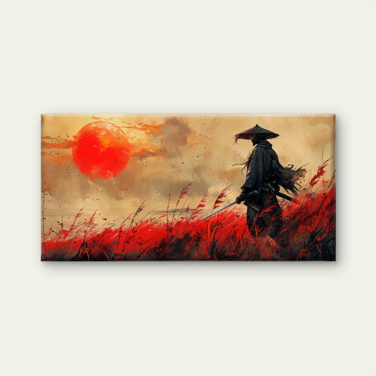 Silent Samurai Red Moon Wall Art Canvas Office Home Room Framed 80x45cm