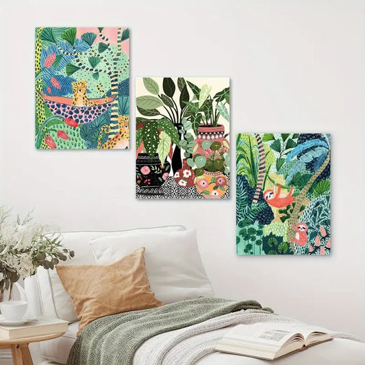 3pcs Animals and Plants, Leopard and Parrot in The Jungle, Wildlife Metal Print Ready to Hang Art
