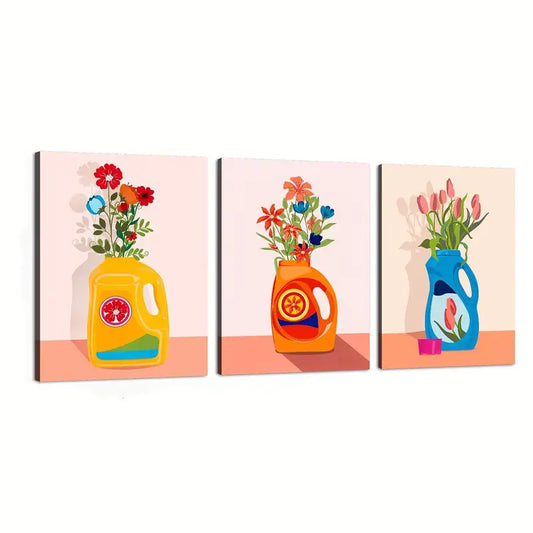3pcs Contemporary Floral Art Colorful Design Metal Print Ready to Hang Art