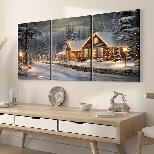 3pcs Modern Forest Igloo Landscape Art Winter Wall Art Set Canvas Framed 60x90cm - High Quality Print 100% Australian Made Wall Canvas Ready to Hang