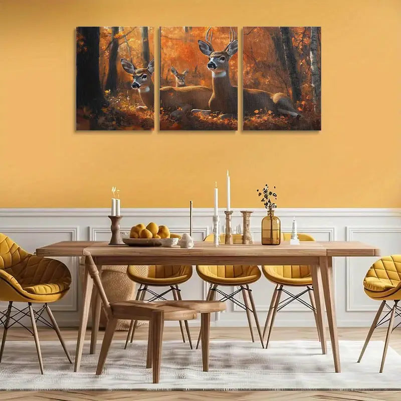 3pcs Deer in the Woods Autumn Trees Metal Print Ready to Hang Art