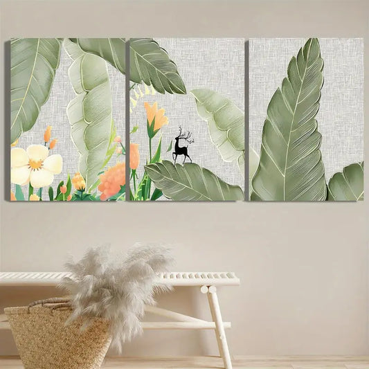 3pcs Sage Green Simple Plants, Fresh Flowers Metal Print Ready to Hang Art