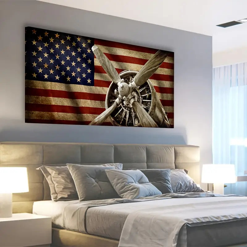 Vintage American Flag Airplane Propeller Wall Art canvas office home room framed 120x60cm