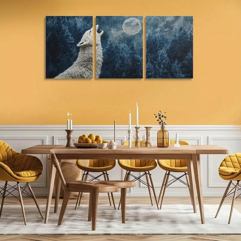 3pcs White Wolf Howling at Moon Alpine Forest Metal Print Ready to Hang Art