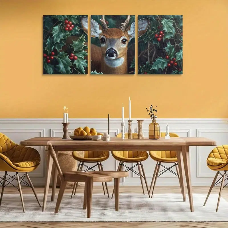3pcs Deer White-tailed in Forest, Red Friuts Metal Print Ready to Hang Art