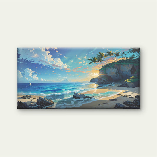 Tropical Beach Sunset Scene Wall Art Canvas Office Home Room Framed 80x45cm