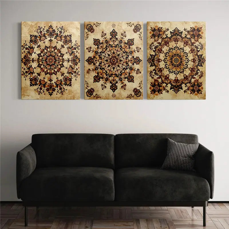 3pcs Vintage Mandala Boho Chic Floral Patterns Classic Design Metal Print Ready to Hang Art