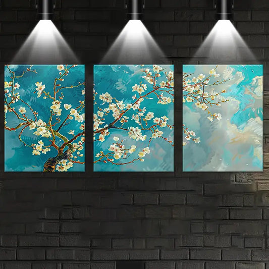 3pcs Beautiful Peach Blossom Blue White Design Metal Print Ready to Hang Art