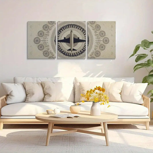 3pcs Aircraft A with an Airplane Motif in the Center Metal Print Ready to Hang Art