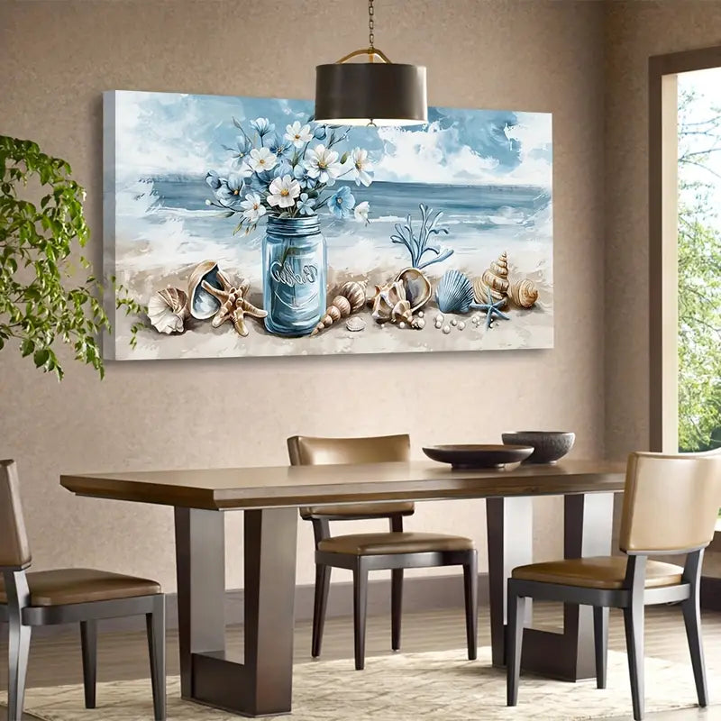 Rustic Seashell & Floral Jar Scene, Ocean Wall Art canvas office home room framed 120x60cm
