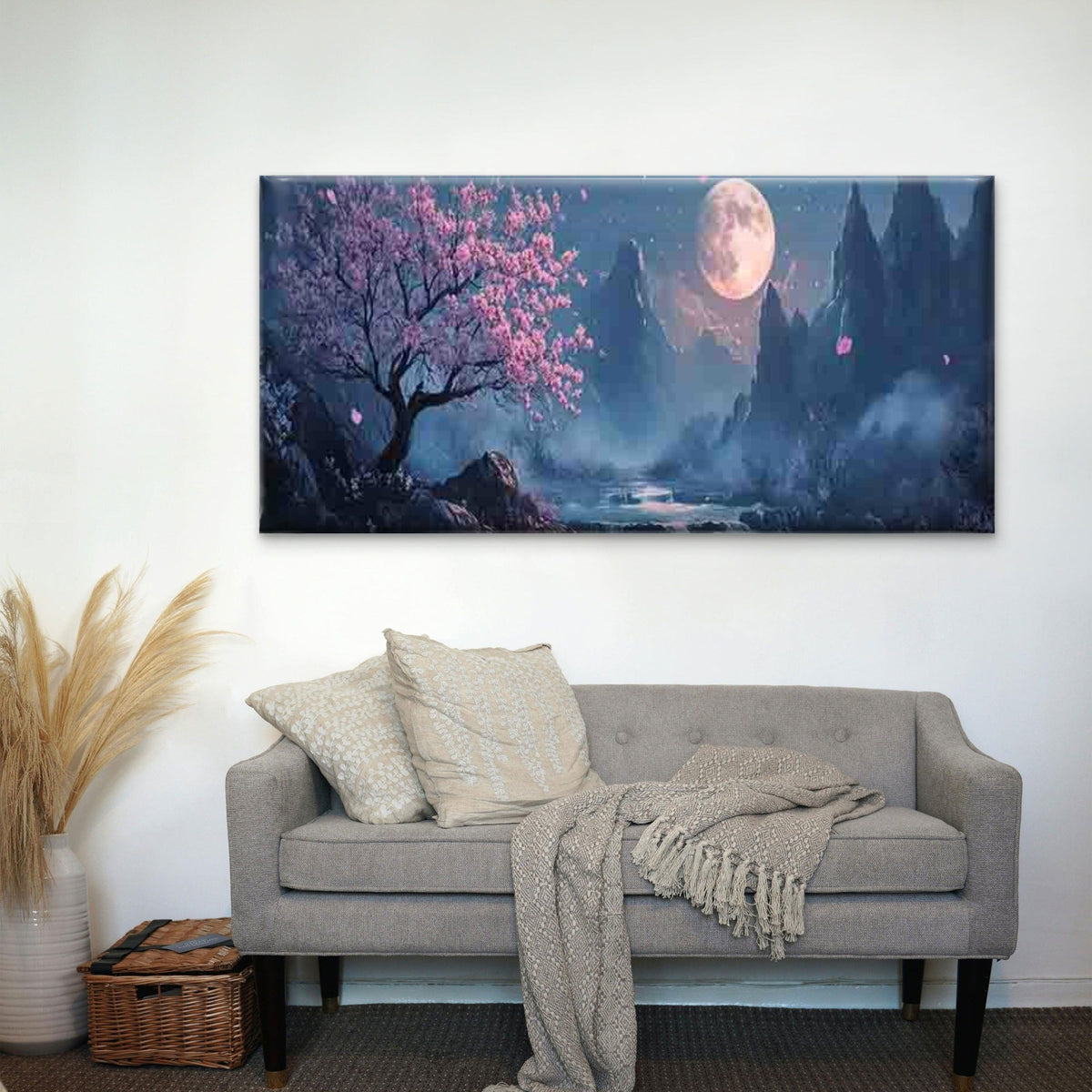 Asian Full Moon & Orchid Tree Wall Art Canvas Office Home Room Framed 120x60cm