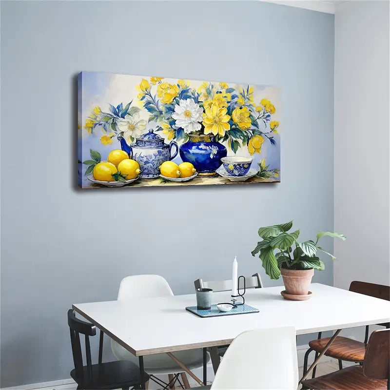 Elegant Blue Porcelain Vase Wall Art Canvas Office Home Room Framed 120x60cm