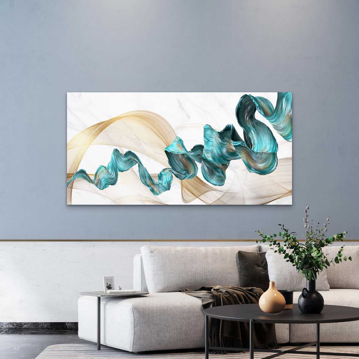 Flowing Teal Golden Ribbons Wall Art Canvas Office Home Room Framed 80x45cm