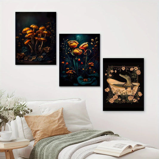 3pcs Colorful mushrooms and flowers at night Metal Print Ready to Hang Art