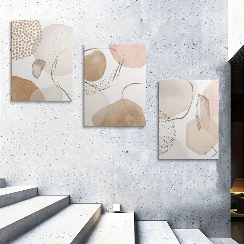 3pcs Beige & Pink Geometric Leaf Patterns, Minimalist Metal Print Ready to Hang Art