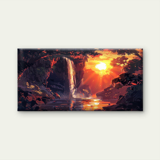 Waterfall Sunset Painting Wall Art Canvas Office Home Room Framed 80x45cm