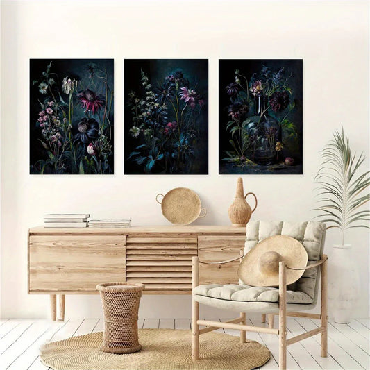 3pcs Dark Florals Painting Classic Design Metal Print Ready to Hang Art