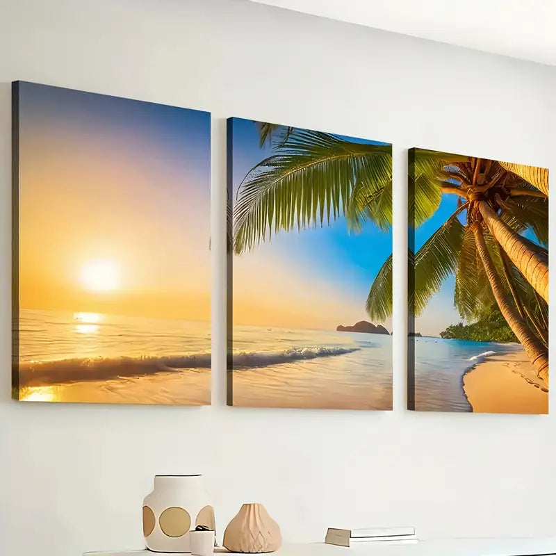 3pcs Ocean Beach Beach Sunrise Scenery Wall Art Set Canvas Framed 40x60cm - High Quality Print 100% Australian Made Wall Canvas Ready to Hang