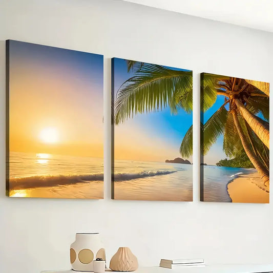 3pcs Ocean Beach Beach Sunrise Scenery Wall Art Set Canvas Framed 40x60cm - High Quality Print 100% Australian Made Wall Canvas Ready to Hang