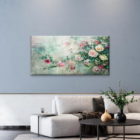 Vintage Pastel Pink Roses Floral Botanical Garden Painting Wall Art Canvas Office Home Room Framed 80x45cm