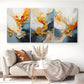 3pcs Golden and Orange Swirls, Elegant Fluid Design Metal Print Ready to Hang Art