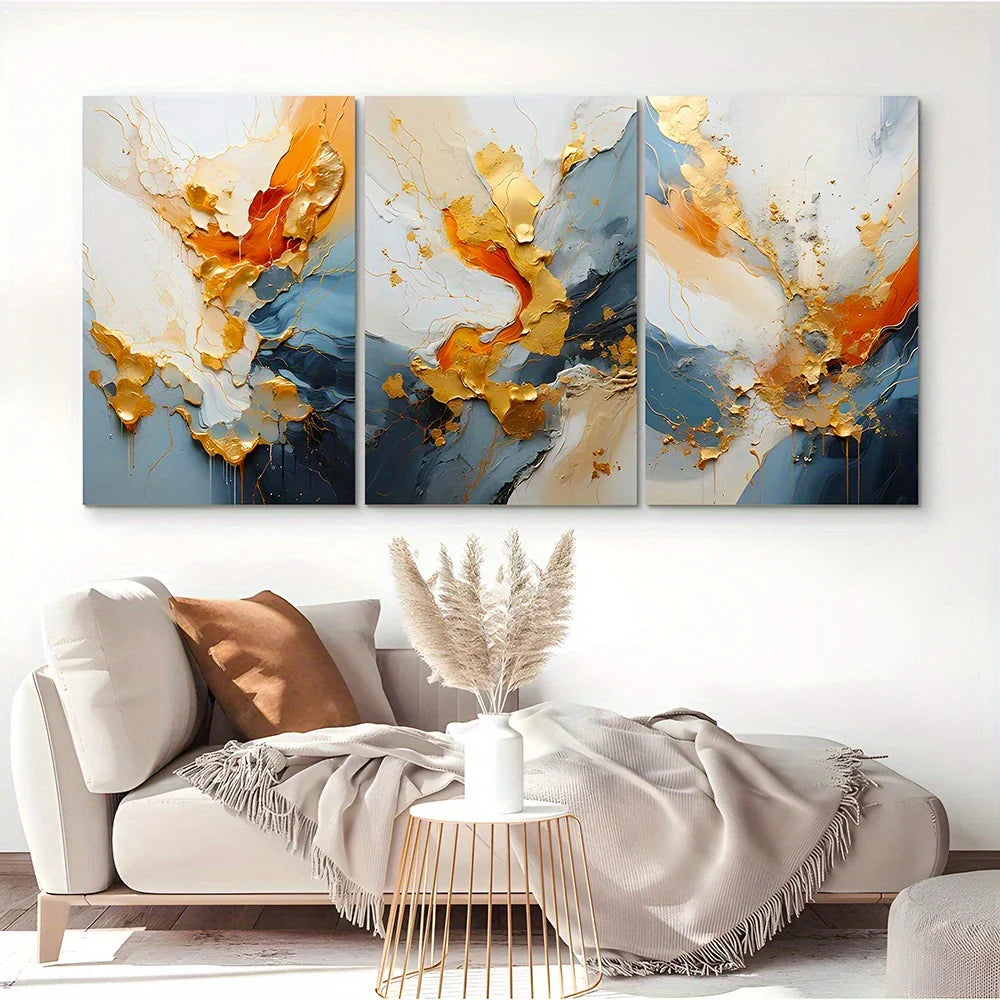 3pcs Golden and Orange Swirls, Elegant Fluid Design Metal Print Ready to Hang Art