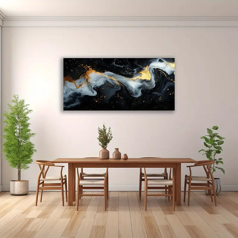 Abstract Cosmic Black Golden White Swirl Wall Art canvas office home room framed 120x60cm