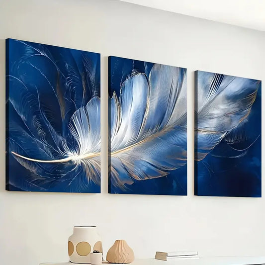 3pcs Ready to Hanging, Art Style Modern Fashion Feather Royal Blue Wall Art Set Canvas Framed 40x60cm - High Quality Print 100% Australian Made Wall Canvas Ready to Hang