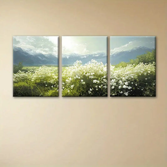 3pcs Serene Elderberry Bush with White Flowers in Meadow Metal Print Ready to Hang Art