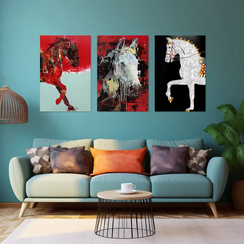 3pcs Abstract Horse Art with Red and White Themes Metal Print Ready to Hang Art