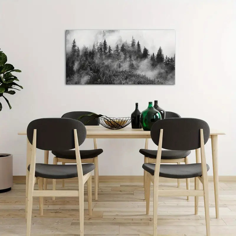 Foggy Mountain Black And White Nature Forest Wall Art canvas office home room framed 120x60cm