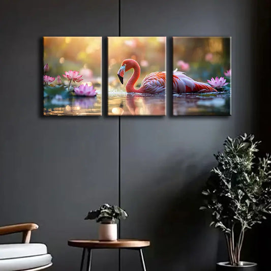 3pcs The flamingos are swimming Metal Print Ready to Hang Art